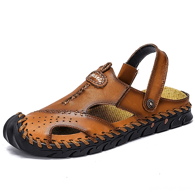 Men's dark tan convertible genuine leather sandals with hand-stitched detail and closed toe