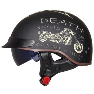 Death Road gothic half-face motorcycle helmet matte black front three-quarter view with skeletal graphics