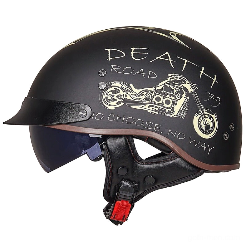 Death Road gothic half-face motorcycle helmet matte black front three-quarter view with skeletal graphics