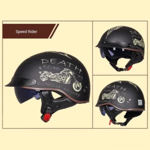 Death Road biker helmet multiple angle display showing front side and back perspectives of gothic design