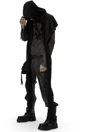 Black gothic cape with oversized hood and lace panels three-quarter side view male model