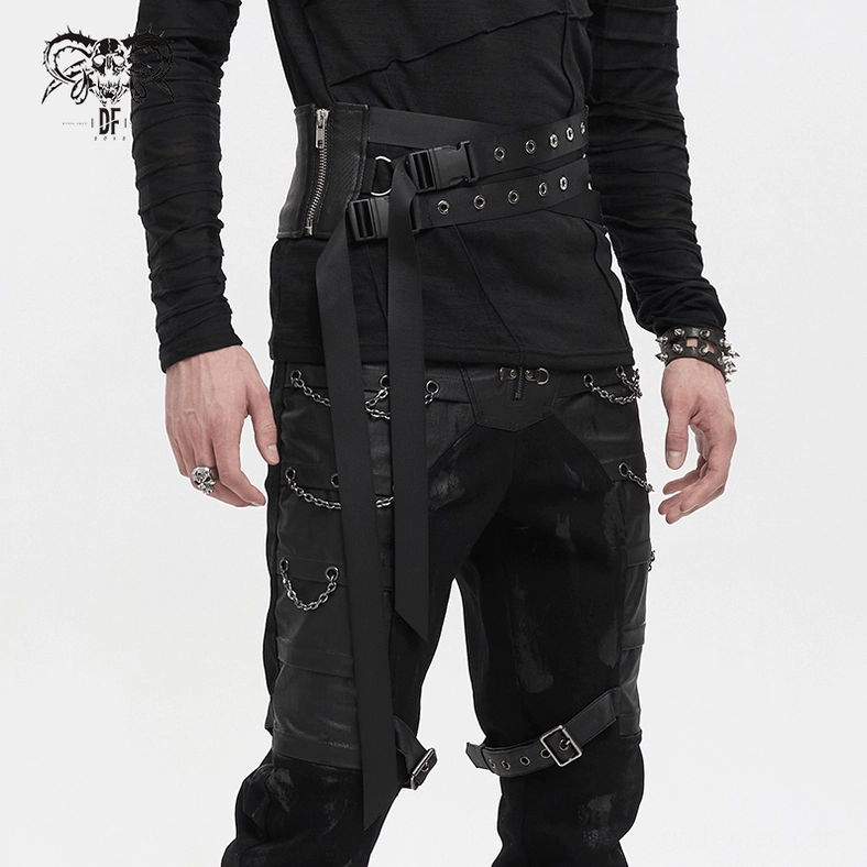 Product showcase of gothic decussate eyelet buckle belt in black, displaying corset-style waist harness design