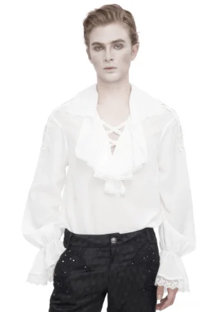 Men's Gothic Deep V Jabot Ruffle Shirt - Front View with Lace-Up Detail and Layered Ruffles in White