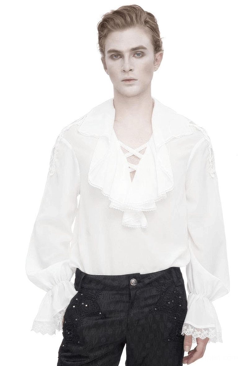 Men's Gothic Deep V Jabot Ruffle Shirt - Front View with Lace-Up Detail and Layered Ruffles in White