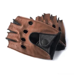 Men's brown deerskin fingerless gloves with perforated cutouts and wrist snap fastener, flat lay side view