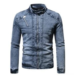 Deep blue gothic denim biker jacket with plush lining, front view showcasing stand collar and chest zipper pockets