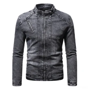 Dark gray gothic denim biker jacket with stand collar and plush fleece lining, front view with metal chest zipper