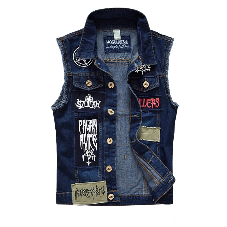 Blue denim gothic biker vest front view with pentagram patches and frayed armholes, displaying multiple punk and occult embellishments on dark denim