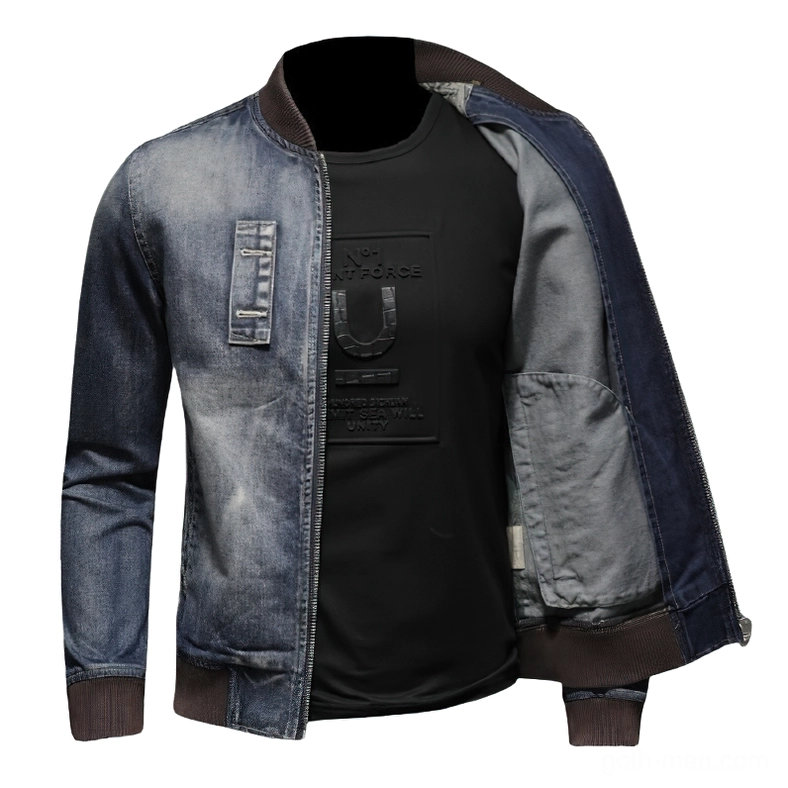 Open front display of washed denim bomber jacket showing inner printed lining and vintage blue denim finish for alternative fashion