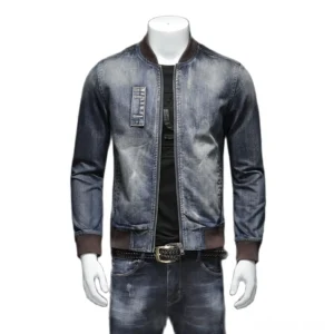 Gothic denim bomber jacket front three-quarter view with brown ribbed collar and cuffs, shown on male mannequin in studio setting