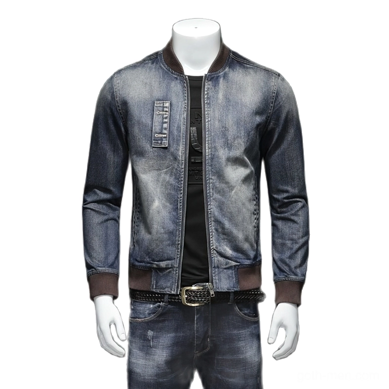 Gothic denim bomber jacket front three-quarter view with brown ribbed collar and cuffs, shown on male mannequin in studio setting