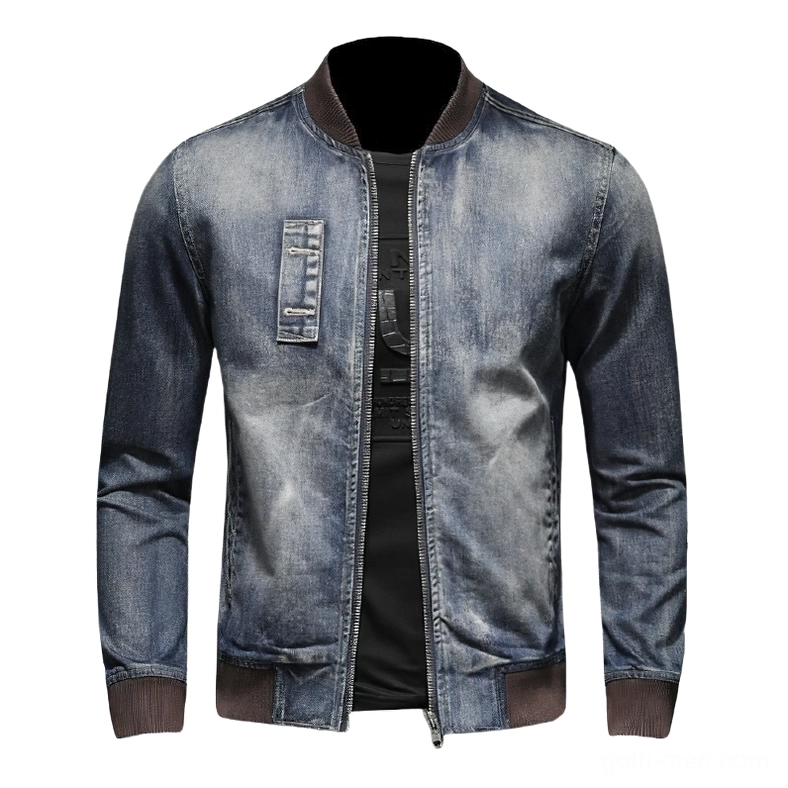 Fully unzipped front view of vintage washed denim bomber jacket displaying inner lining and alternative fashion aesthetic