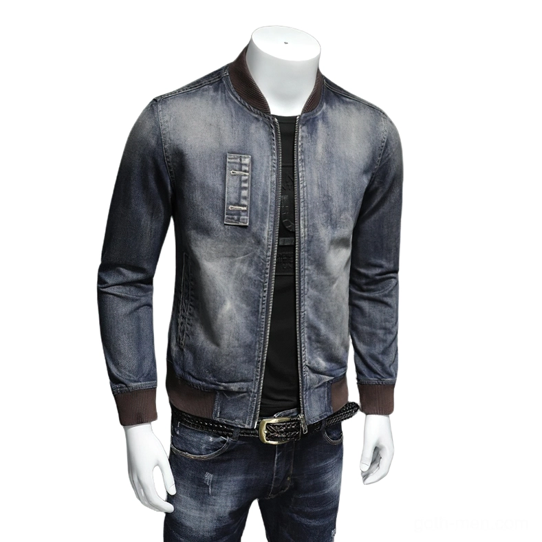 Slim fit denim bomber jacket left front view highlighting decorative chest flap pocket details and lantern sleeves