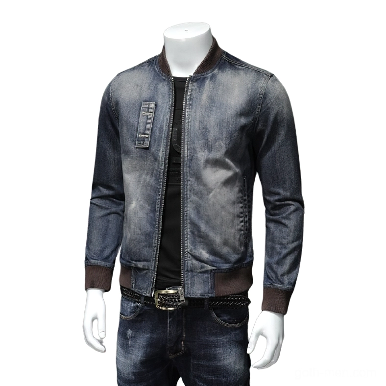 Dark denim bomber jacket styled with black inner top and denim jeans, front three-quarter right view demonstration