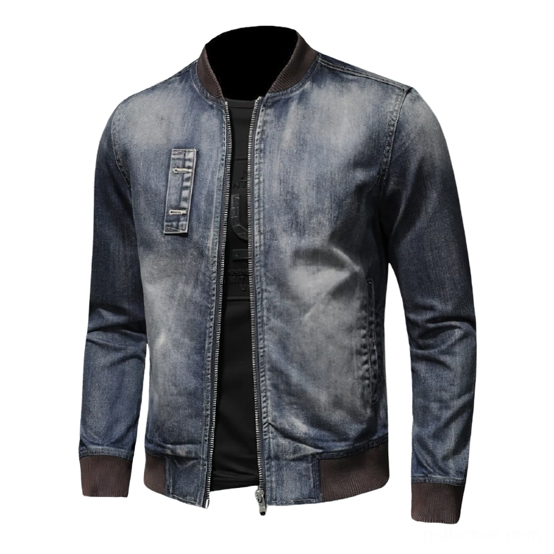 Partially unzipped denim bomber displaying vintage denim wash texture and contemporary gothic styling
