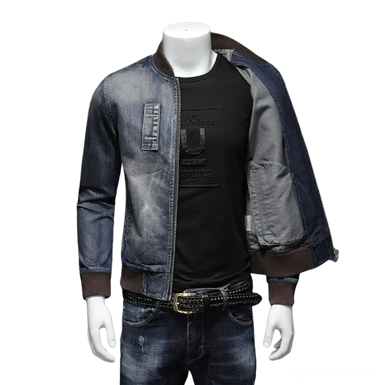 Unzipped denim bomber jacket revealing inner lining and printed inner tee, showing layering versatility
