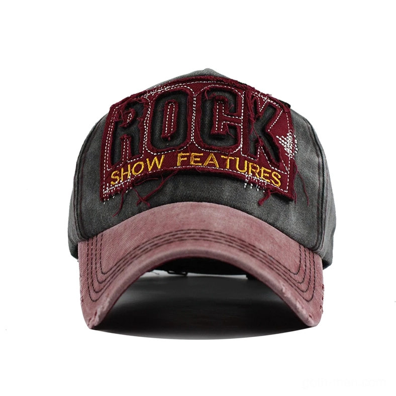 Maroon brim distressed denim gothic cap direct front view with ROCK SHOW FEATURES embroidery and frayed edges