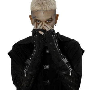 Black distressed denim gothic fingerless gloves worn by tattooed model, front view showcasing dual zippers and frayed mesh details