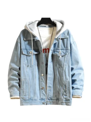 Blue washed gothic denim jacket with grey detachable hood front flat display modern alternative style
