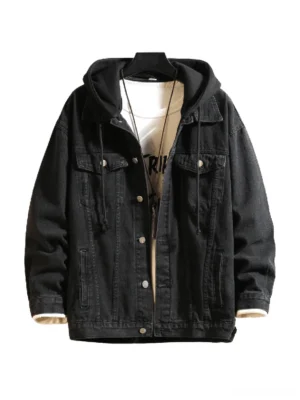 Black gothic denim jacket with detachable hood front view flat lay on hanger alternative fashion streetwear