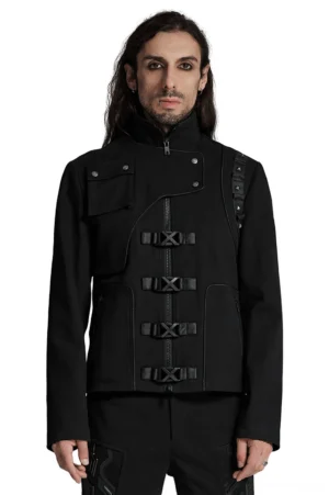 Men's deconstructed gothic denim jacket front view with buckle closures and riveted shoulder straps