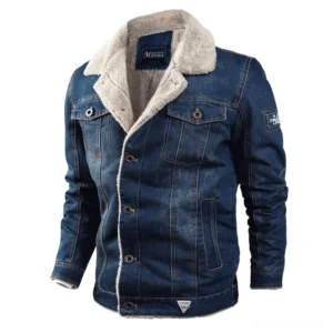 Men's gothic denim jacket with shearling collar, front left three-quarter view, dark wash heavy-weight winter denim with faux shearling lining