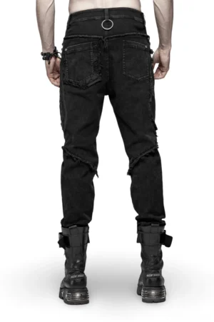 Black distressed gothic denim jeans with fishnet panels and metal ring detail - rear full body view