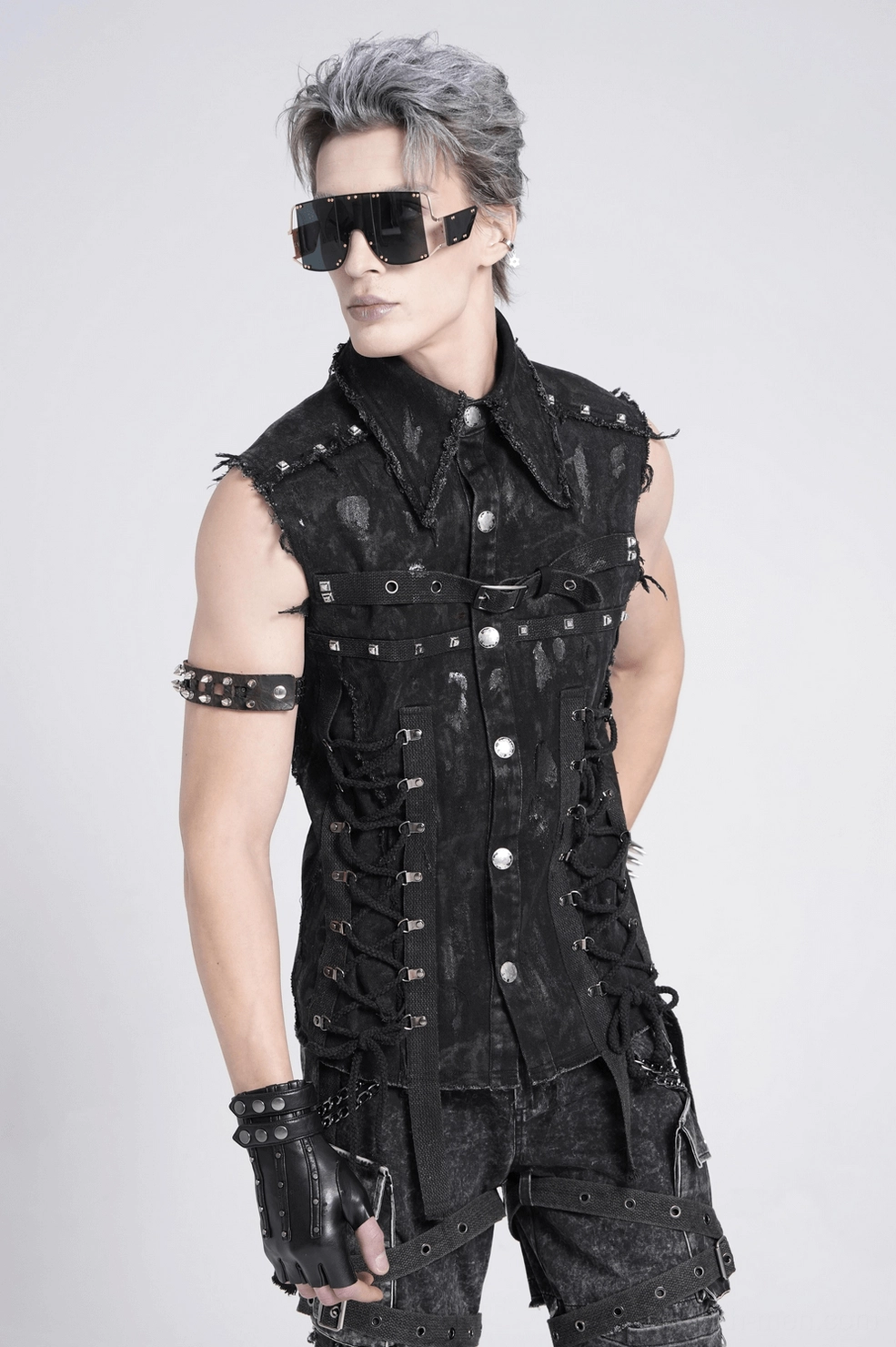 Black lace-up denim shirt rear detail view showing back construction and frayed hem authenticity
