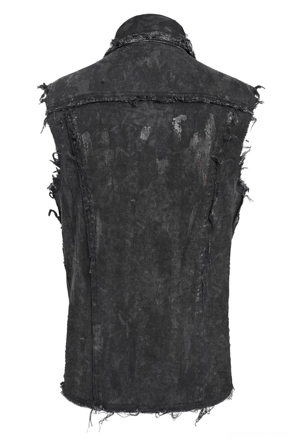 Black punk denim shirt back flat lay, simple back design with intentionally frayed and distressed edges