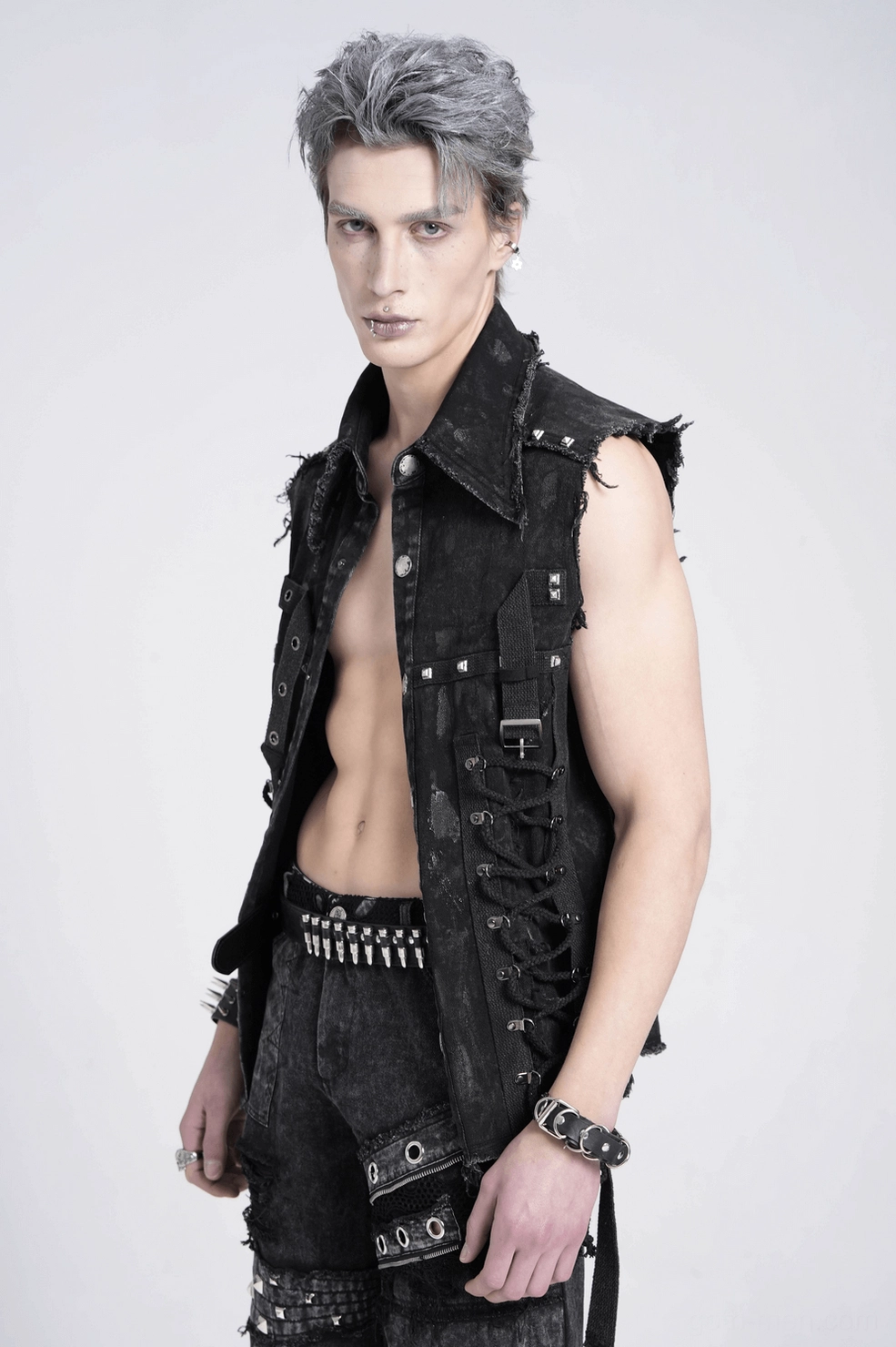Black denim shirt with adjustable lace-up sides demonstrating gothic punk fashion customization capability