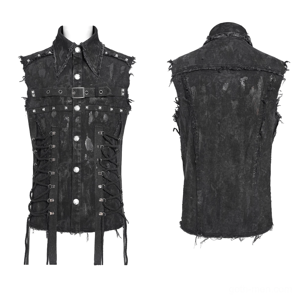 Black punk denim shirt flat lay front and back, showing lace-up sides, studded details, and raw frayed hemlines