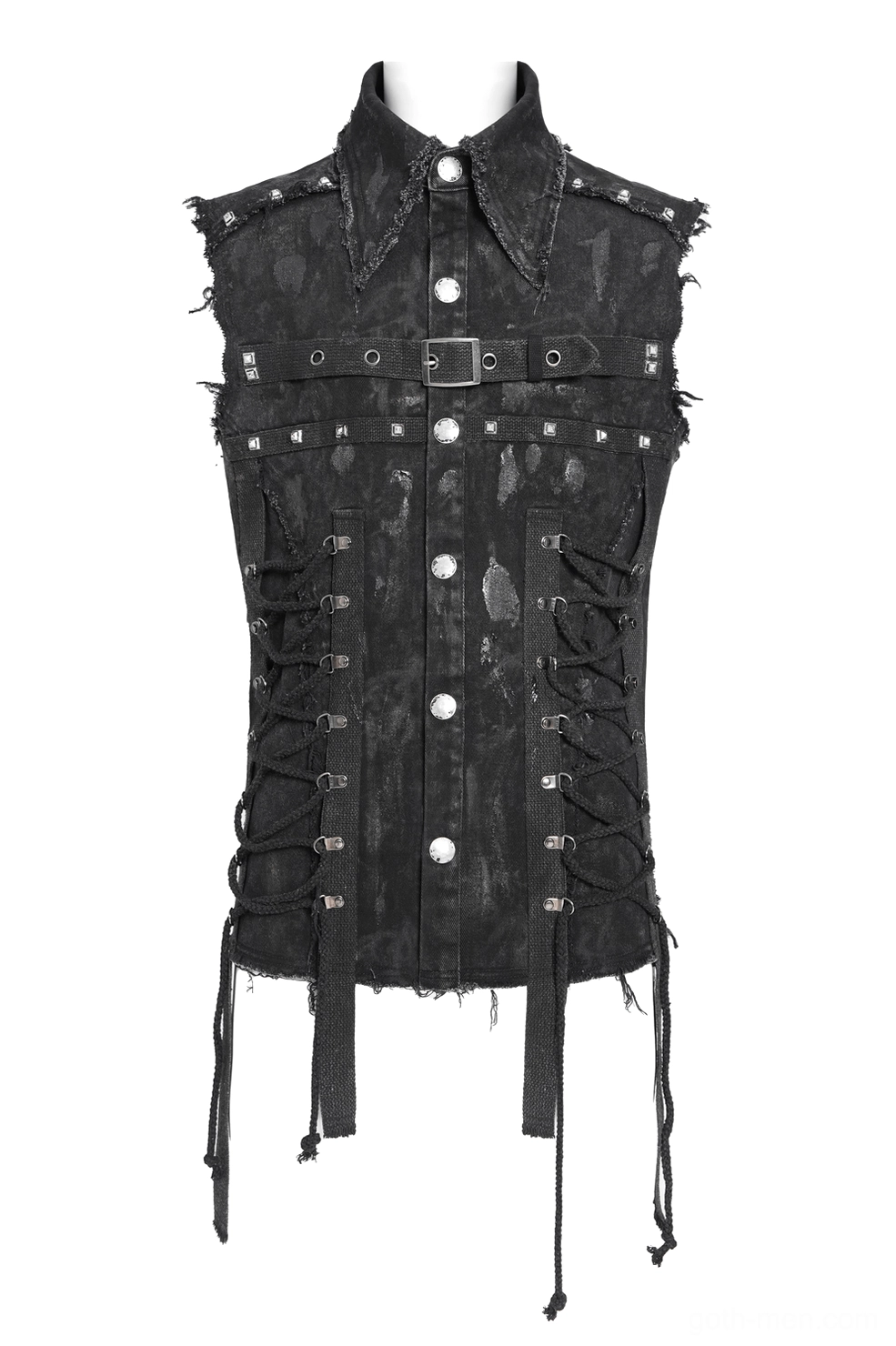 Black denim shirt front flat lay, button placket and lace-up side closure with studded buckle embellishments
