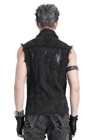 Black distressed denim shirt back view on model, displaying frayed edges and chain details, goth alternative fashion