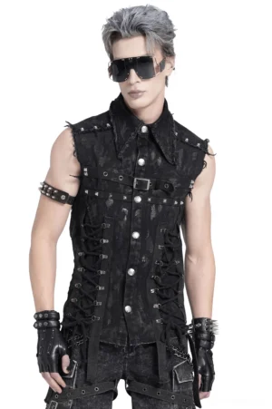 Black lace-up denim shirt with silver studs front three-quarter view on male model, showing gothic punk aesthetic and studded side closure