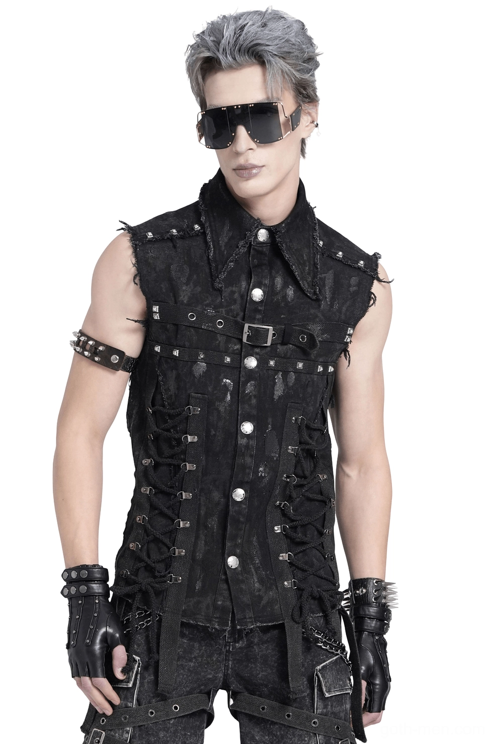 Black lace-up denim shirt with silver studs front three-quarter view on male model, showing gothic punk aesthetic and studded side closure