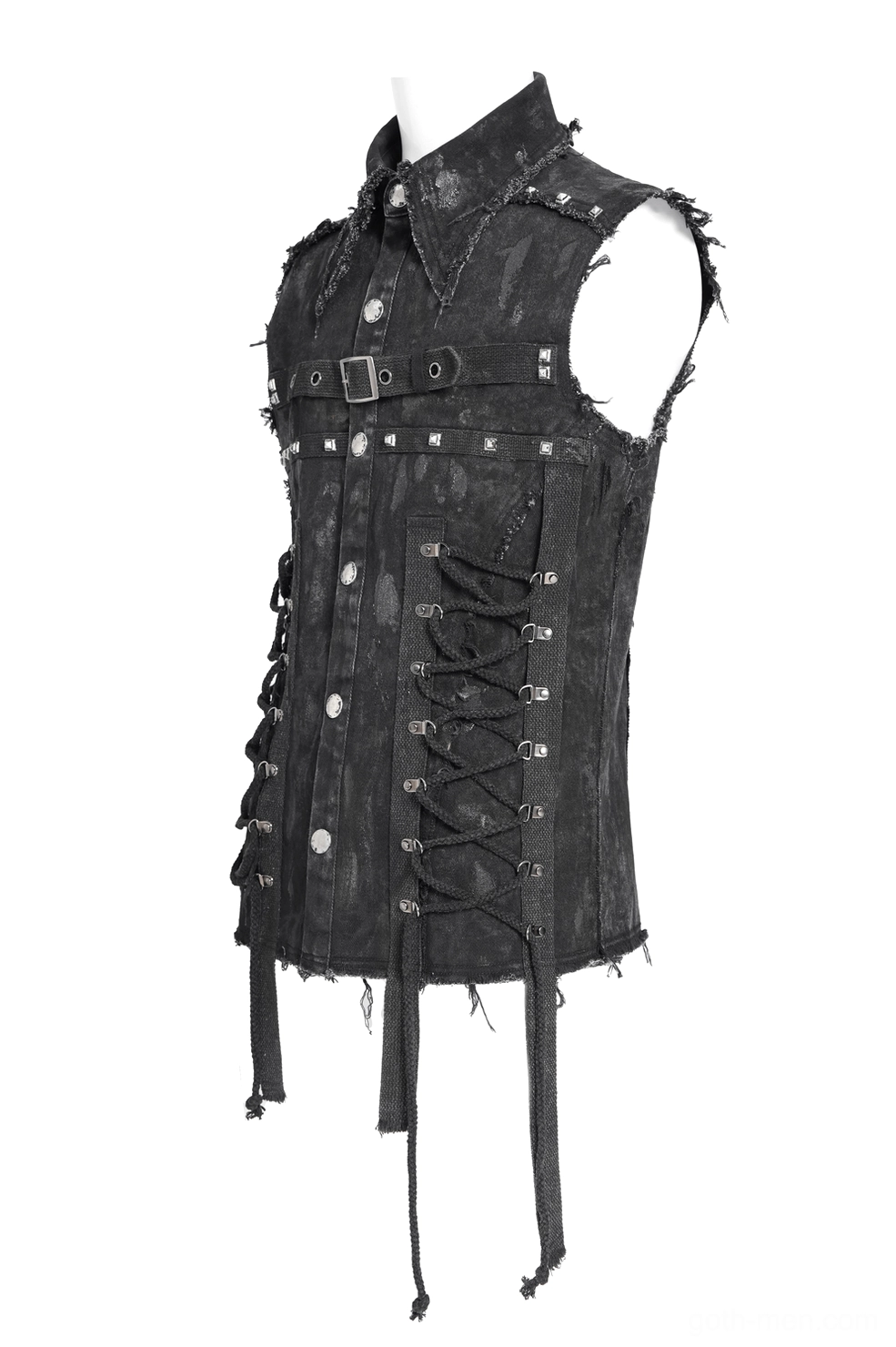 Black distressed denim shirt side flat lay showing lace-up side straps, studs, and frayed raw hem details