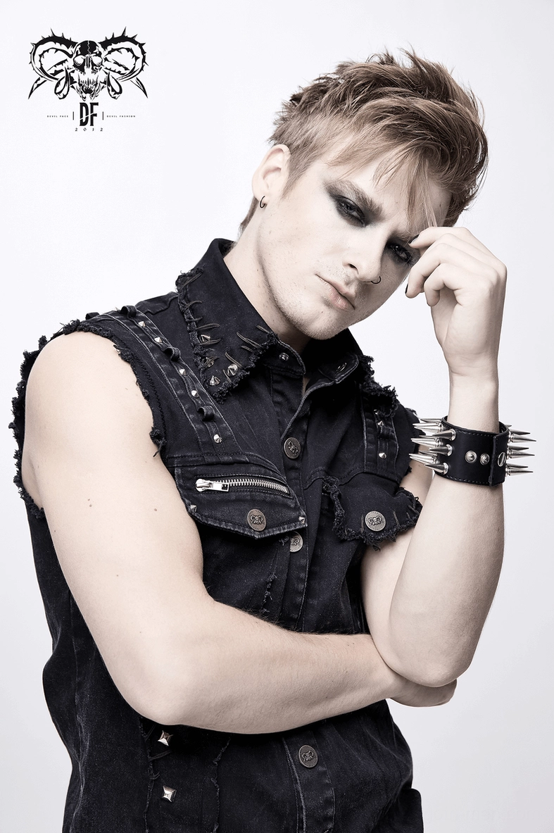 Black gothic denim vest detail shot of button closure and front placket construction