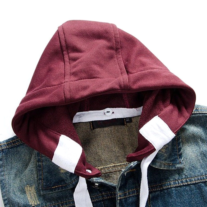 Close-up of burgundy knit hood attachment - gothic denim vest hood detail with white drawstrings and cotton lining
