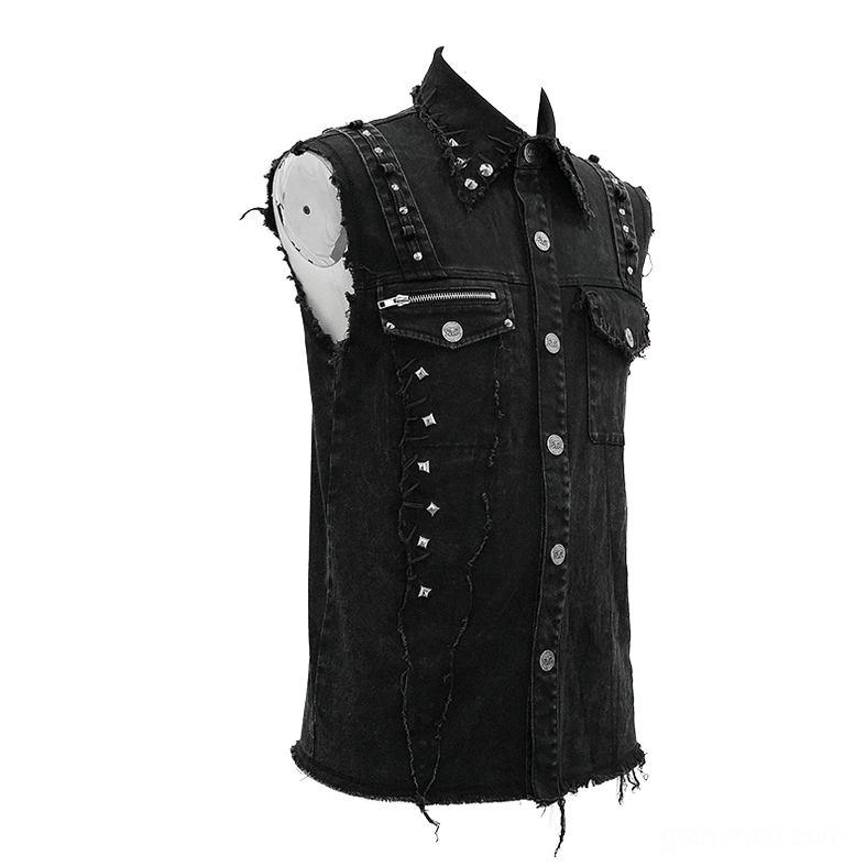 Left side view of black gothic denim vest with chest zipper pocket and studded details