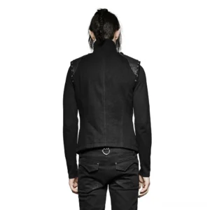Gothic denim military vest back view showing high stand collar and rear o-ring hardware details