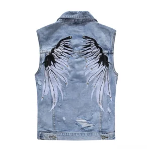 Blue distressed denim waistcoat with black and white feather wing embroidery back view, ripped denim details