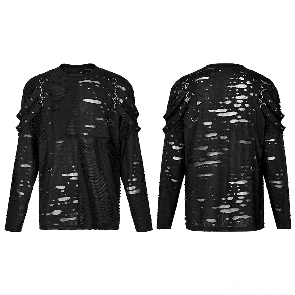 Black destructed knit sweatshirt front and back flat lay view with metal D-ring shoulder straps and destruction patterns