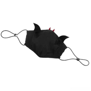 Black gothic face mask side flat lay perspective with adjustable elastic strap toggle buckle, bat wing accents and crimson horn details