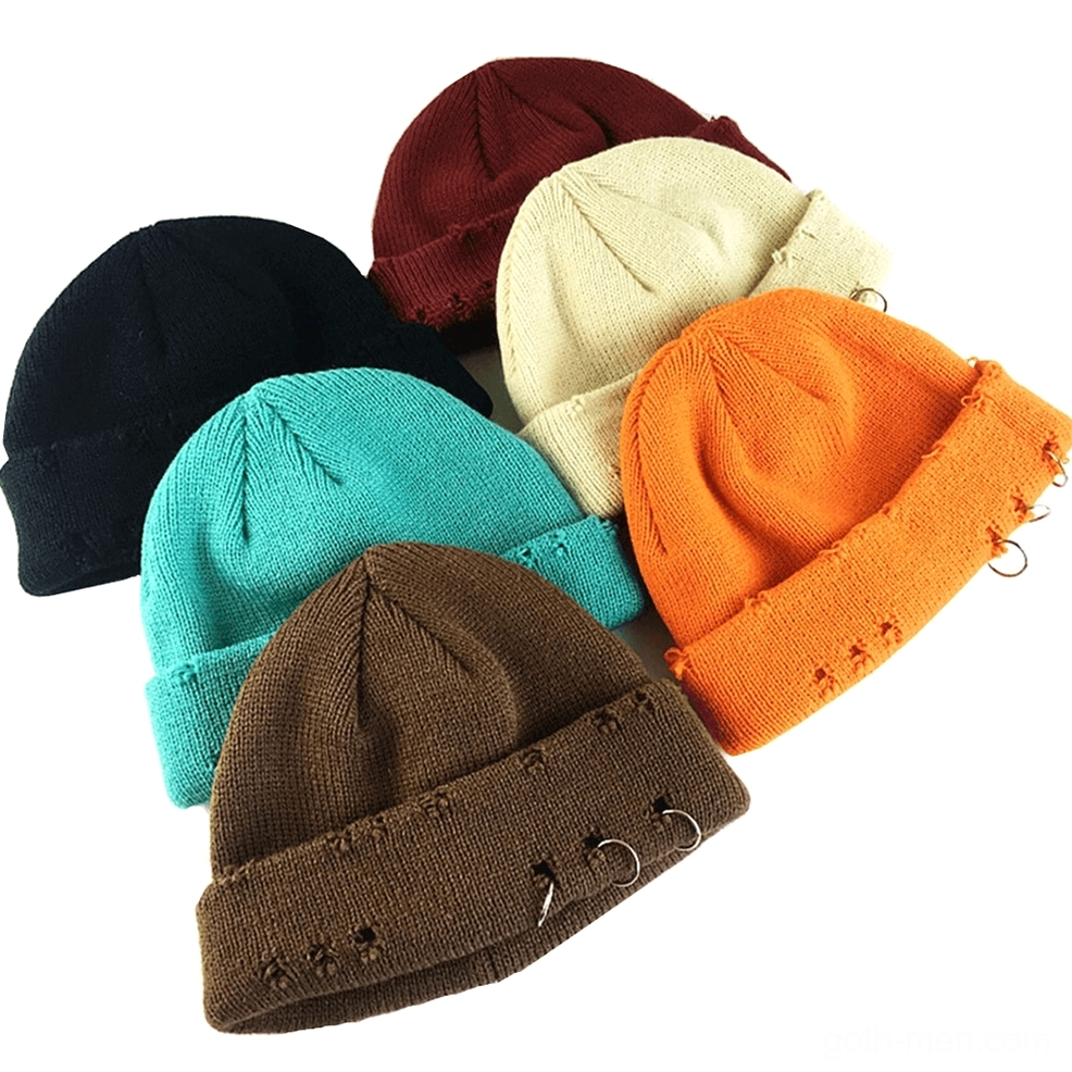 Collection of gothic distressed beanies with metal rings in multiple dark colorways including black, navy, gray, and wine red