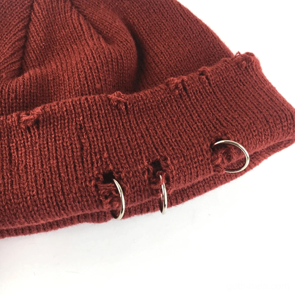 Gothic distressed beanie with metal rings showcase - dark aesthetic winter accessory for subculture fashion
