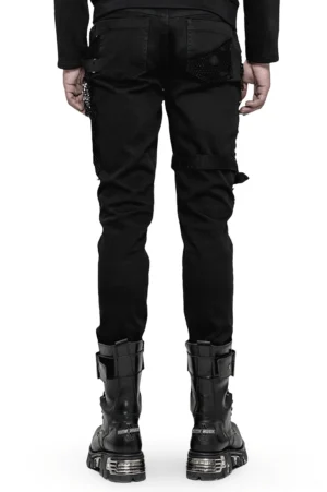Rear full-body view of gothic black denim jeans with distressed details, back patch pockets and adjustable leg straps