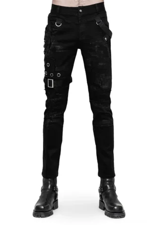 Front full-body view of men's gothic distressed black jeans with lace mesh panels and metal buckle straps on white background