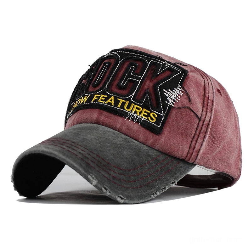 Two-tone faded distressed denim gothic baseball cap front three-quarter view with ROCK embroidery