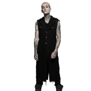 Black distressed gothic cape with mesh panels worn by tattooed male model in front view showing notched lapels and spike accents