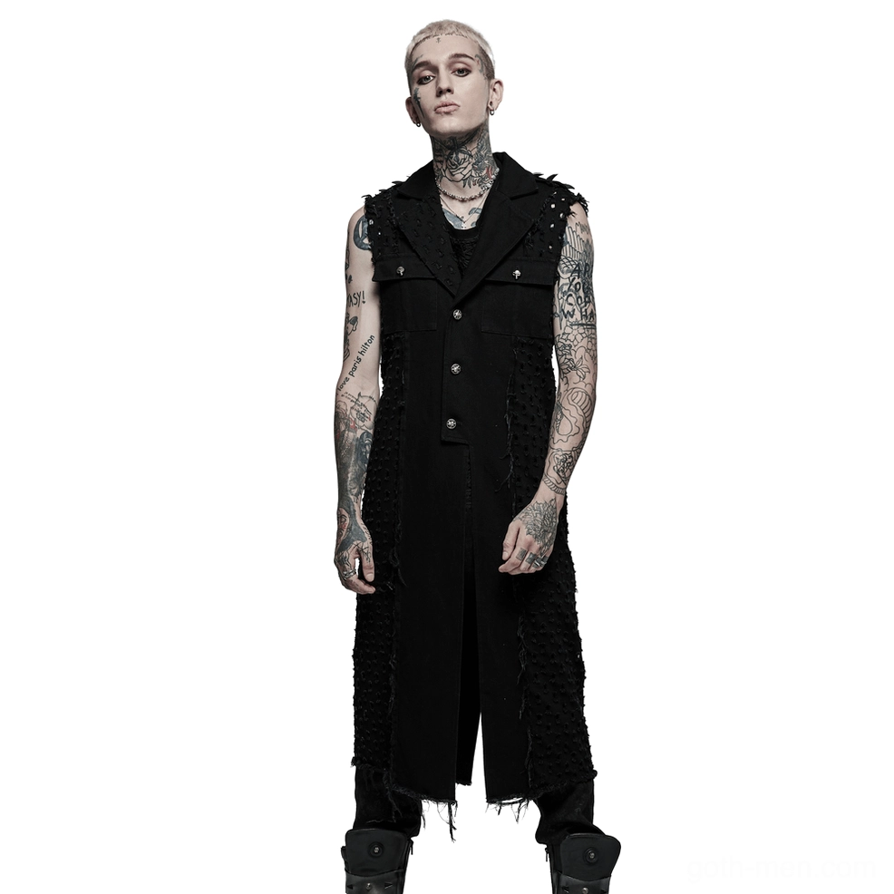 Black distressed gothic cape with mesh panels worn by tattooed male model in front view showing notched lapels and spike accents